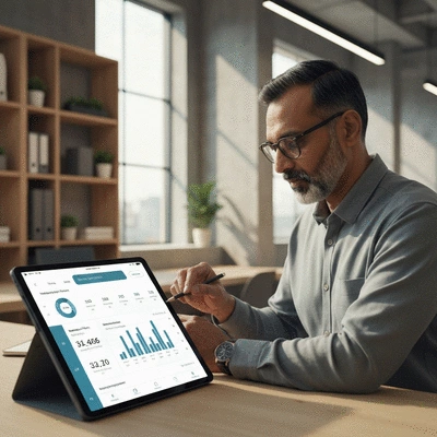 Digital graph showing website performance metrics, with a person analyzing data on a tablet