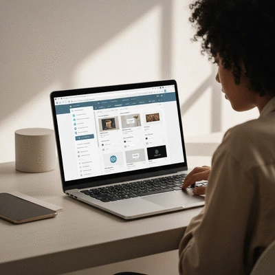 Person using a laptop with WordPress website open, showing customization options