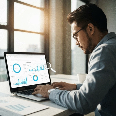 Person using a laptop to review website analytics, with a magnifying glass icon