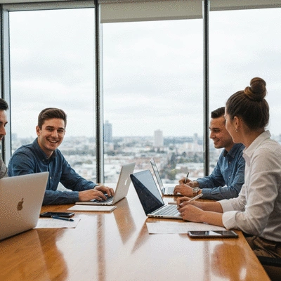 Web agency team collaborating around a table with laptops and documents, representing WordPress maintenance services