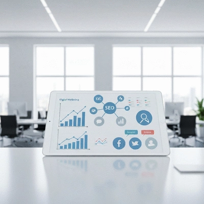 Digital marketing strategy on a whiteboard with growth charts and keywords related to online visibility and SEO