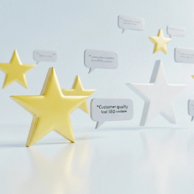 Étoiles d'avis clients et bulles de discussion, symbolisant l'importance des avis pour le SEO local et la réputation, no text, no words, no typography, clean image