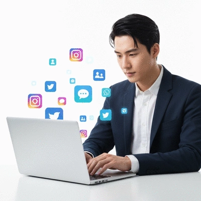 Personne utilisant les r&eacute;seaux sociaux sur un ordinateur portable avec des ic&ocirc;nes de m&eacute;dias sociaux flottantes