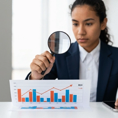 A person holding a magnifying glass over a chart showing increasing ROI, symbolizing financial growth
