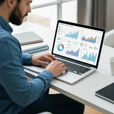 Person analyzing website performance data on a laptop with charts and graphs