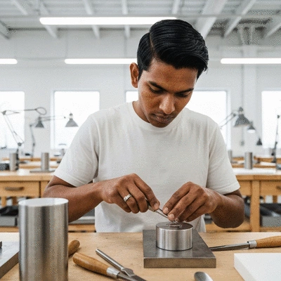 Artisan creating a custom product in a workshop, symbolizing personalization