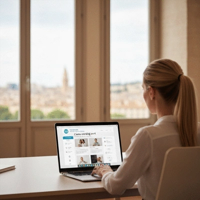 Personne utilisant un ordinateur portable avec un blog WordPress ouvert, illustrant la création de contenu à Avignon