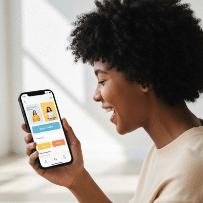 Person using a smartphone to shop online, clearly showing a user-friendly e-commerce interface, bright and modern setting, no text, no words, no typography, clean image