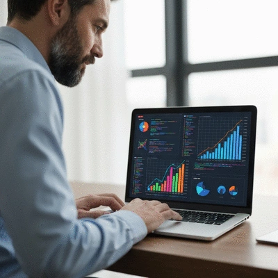 Professional web developer working on a laptop, with graphs and code on screen, representing website creation and growth, no text, no words, no typography, no labels, clean image