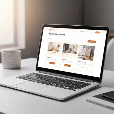 Modern website interface on a laptop screen with Avignon in the background, showing local business focus