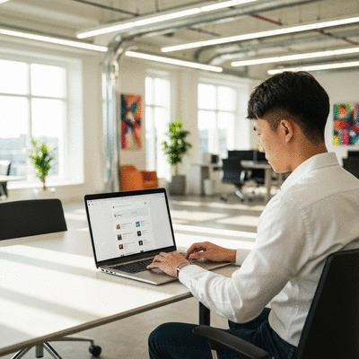 Person using a laptop to manage a WordPress website, with Avignon cityscape in the background