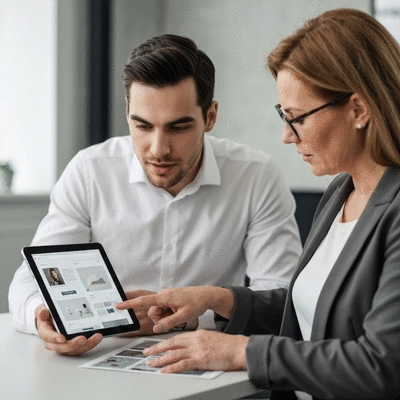 Professional web designer collaborating with a client, reviewing website mockups on a tablet, representing project evaluation and consultation, no text, no words, no typography, no labels, clean image