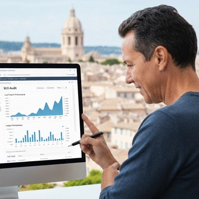 Person analyzing SEO audit data on a computer screen, showing graphs and metrics for local search performance, no text, no words, no typography, clean image