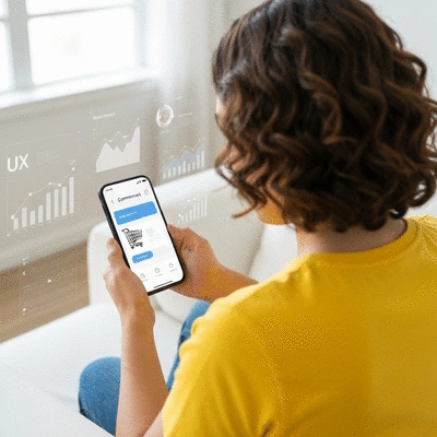 Personne utilisant une application d'e-commerce sur smartphone avec des graphiques d'UX en arri&egrave;re-plan