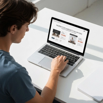 Person using a laptop to compare different website creation offers, with a focus on cost and features