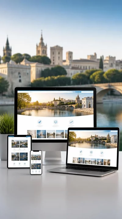Modern website redesign concept with Avignon cityscape in background
