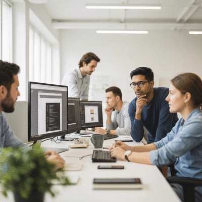 Team of web developers collaborating on a website project in a modern office, symbolizing local agency support