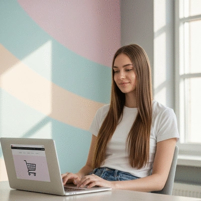 Person browsing e-commerce website on a laptop, with shopping cart icon visible