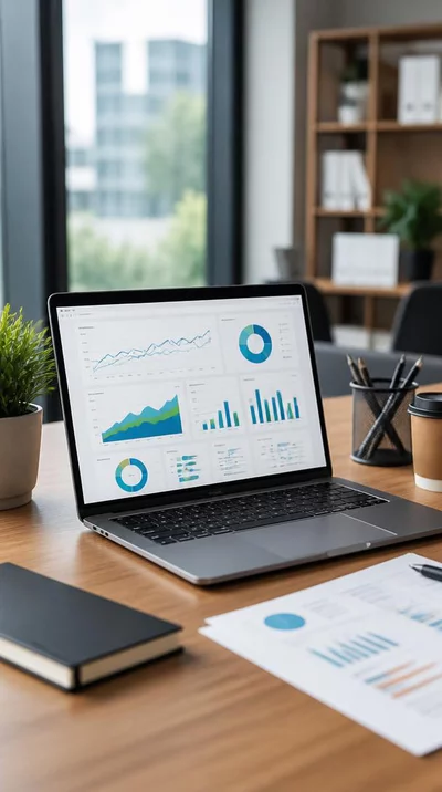 Modern office workspace with a laptop displaying website analytics and marketing strategy
