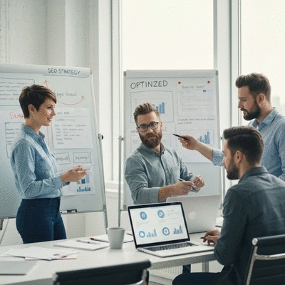 Team of web developers collaborating on SEO strategy in a modern office, representing an SEO agency
