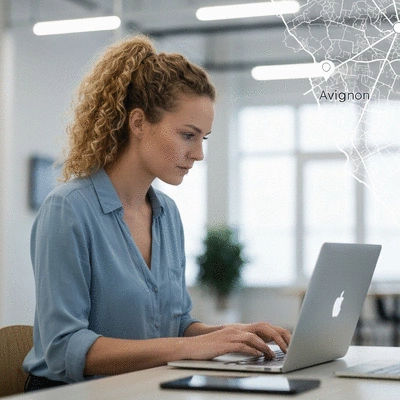 Professional web developer working on a laptop with Avignon city map overlay, clean image, no text