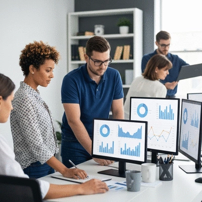 A team of marketing professionals analyzing SEO performance charts and graphs on multiple screens in a collaborative office environment. No text, no words, no typography, no labels, clean image.