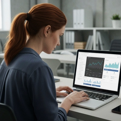 Person using a laptop to redesign a website, with analytics data on screen