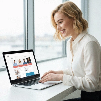 Person using a laptop to view a website with a modern design, signifying web presence and visibility