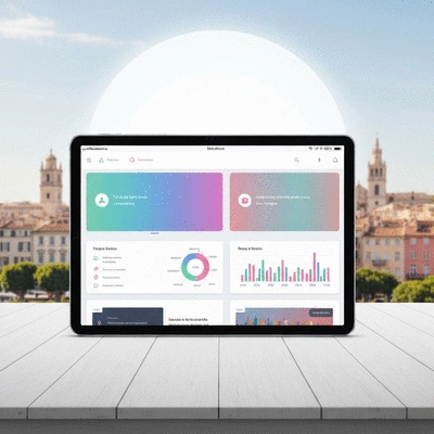 Digital marketing analytics dashboard on a tablet, with Avignon skyline in the background