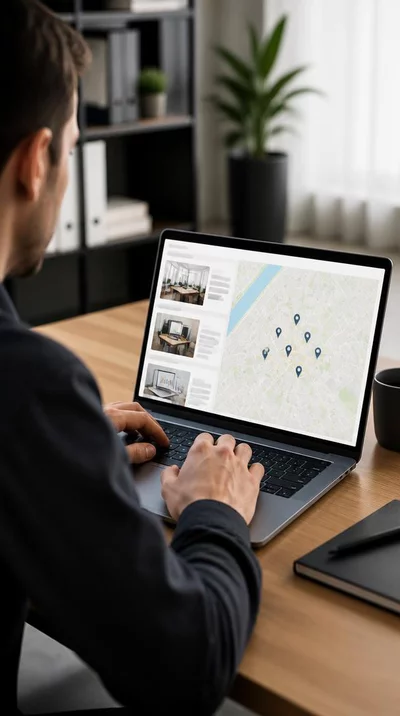 Person using a laptop to research web agencies in Avignon, showing a map and search results
