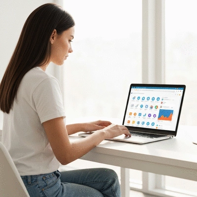 Person using a laptop with WordPress dashboard open, surrounded by SEO related icons and graphs, clean image, no text, no words, no typography, 8K