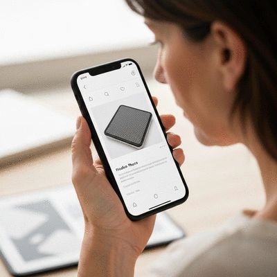 Customer reviewing product images on a smartphone, with high-quality visuals and clear descriptions, no text, no words, no typography, clean image