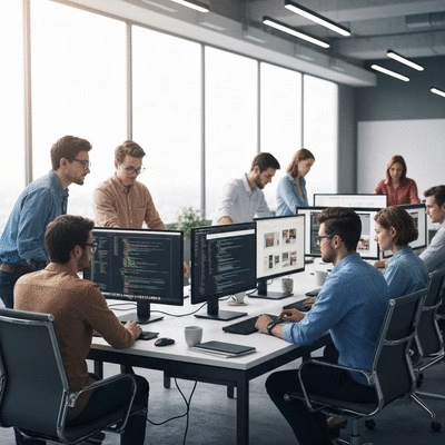 Team of web developers collaborating on a website project in a modern office, symbolizing local agency work