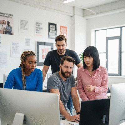 Team of web developers collaborating on a project in a modern office