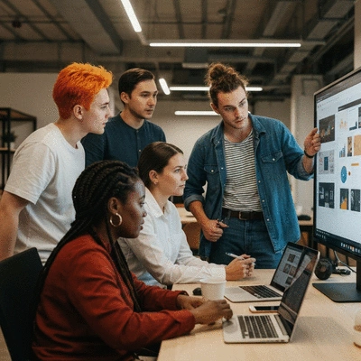 Team of web developers collaborating on a website project, reviewing analytics on a large screen, in a modern office, no text, no words, no typography, clean image