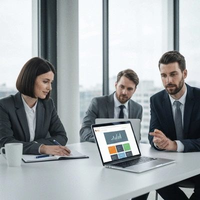 Professionnels discutant de la stratégie de présence en ligne