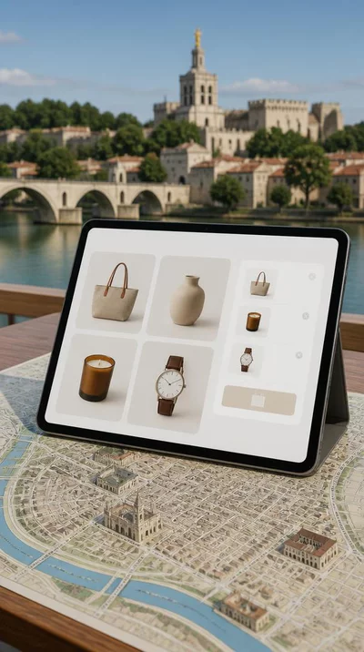 Modern e-commerce interface on a tablet, showing products and shopping cart, with a map of Avignon in the background, no text, no words, no typography, clean image