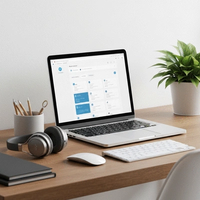 Interface utilisateur d'un CMS comme WordPress sur un &eacute;cran d'ordinateur, montrant des ic&ocirc;nes de gestion de contenu et de publication