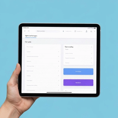 Modern website interface on a tablet, showing clear menu structure and fast loading, representing optimized navigation.