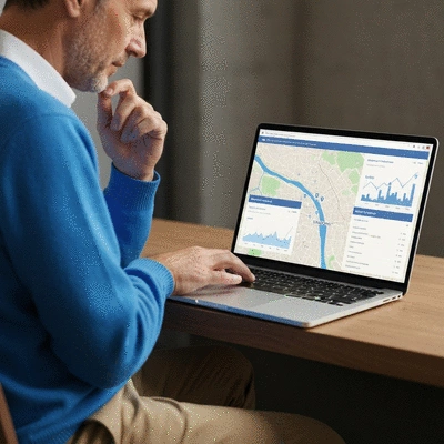 Person using a laptop with a digital map of Avignon, representing local web market trends, no text, no words, no typography, 8K