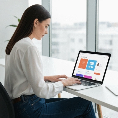 Person using a laptop to design a website, showcasing UX/UI principles on screen