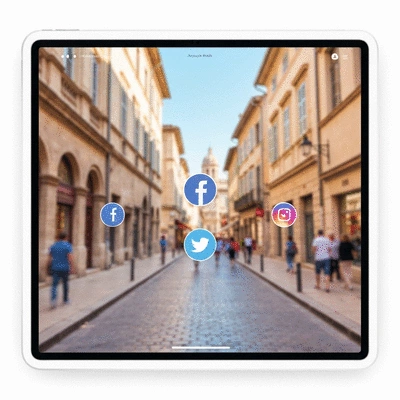 Social media icons integrated into a website layout on a tablet, with a blurred background of a bustling city street in Avignon, no text, no words, no typography