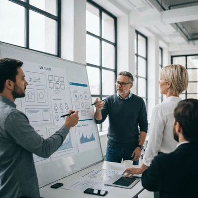 People collaborating on a whiteboard with UX/UI design diagrams and data charts