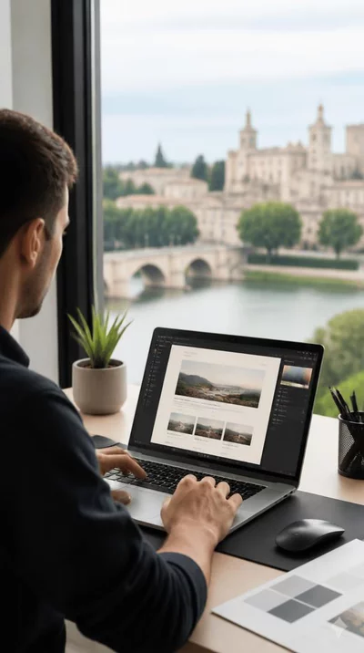 Web designer working on a CMS platform on a laptop with Avignon city map in background