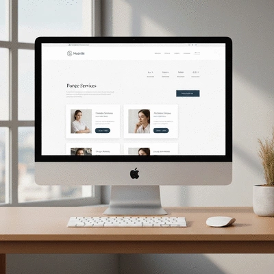Modern website design on a desktop computer screen, showing a homepage with services and contact information, clean, professional, no text, no words, no typography, no labels, clean image