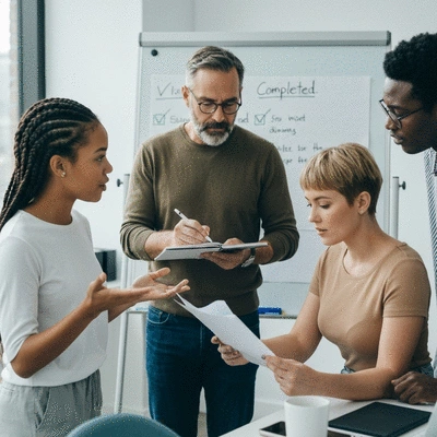 People collaborating on a website project, with a checklist on a whiteboard