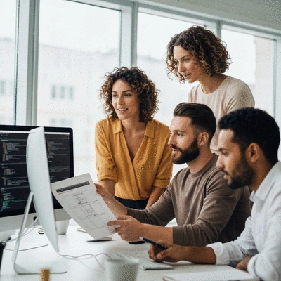 Web design team collaborating on a website redesign project