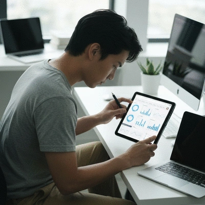 Person analyzing website performance data on a tablet, showing charts and graphs, symbolizing regular audits