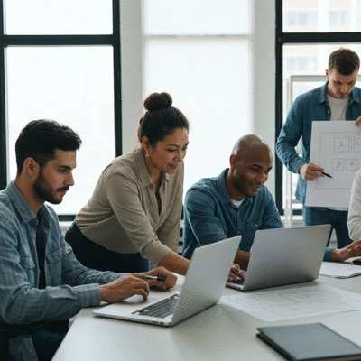 Team of web developers collaborating on a project in a modern office