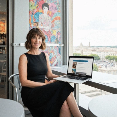 Personne utilisant un ordinateur portable dans un caf&eacute; d'Avignon, montrant un site web WordPress responsive